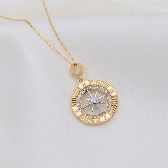 14K Gold Compass Pendant Necklace