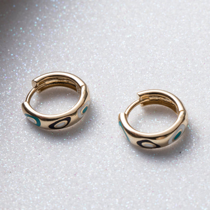 14k Solid Gold Evil Eye Huggie Hoop Earrings