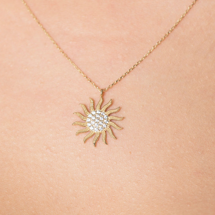 Dainty 14k Solid Gold Sun Pendant Necklace