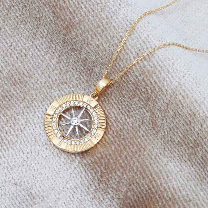 14K Gold Compass Pendant Necklace