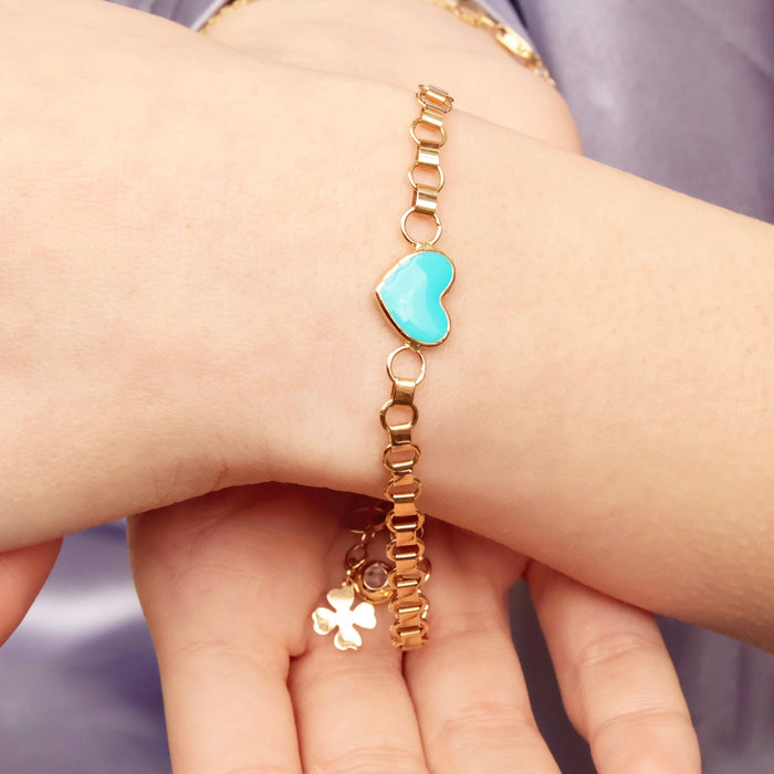 14k Solid Gold Heart Bracelet with Blue Enamel