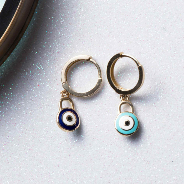 14K Solid Gold Evil Eye Huggie Earrings