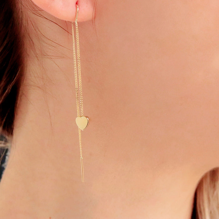 14K Gold Heart Threader Earrings with Cuff