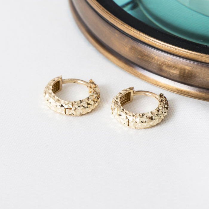 Elegant 14k Solid Gold Engraved Huggie Hoop Earrings