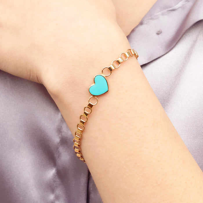 14k Solid Gold Heart Bracelet with Blue Enamel